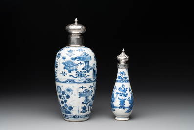 Five Chinese blue and white silver-mounted vases, Kangxi