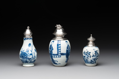 Five Chinese blue and white silver-mounted vases, Kangxi