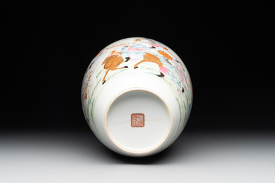 A Chinese famille rose vase with figural design, Qianlong mark, 19th C