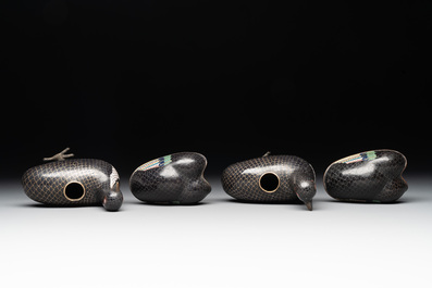 A pair of Chinese cloisonn&eacute; quail-shaped incense burners and covers, 19th C.