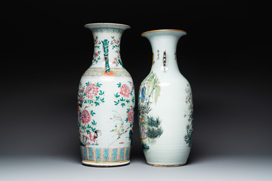 Two Chinese famille rose vases, one vase signed Yu Zhao 余钊, 19/20th C.