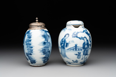 Two Chinese blue and white tea caddies with figural design, one silver mounted, Kangxi
