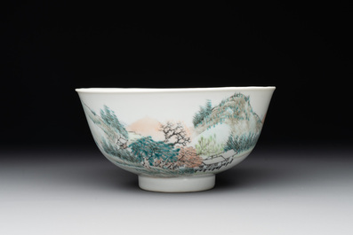 A fine Chinese qianjiang cai 'mountainous river landscape' bowl, signed Cheng Men 程門, Guangxu mark, dated 1887