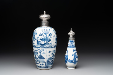 Five Chinese blue and white silver-mounted vases, Kangxi