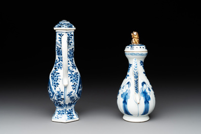 Two Chinese blue and white ewers and three vases, one silver mounted, Kangxi