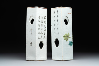 Four Chinese famille rose 'birds and flowers' hat stands, signed Jiang Xiangzong 江湘宗 and Xing Ming 邢明, Tongzhi mark, 19th C.