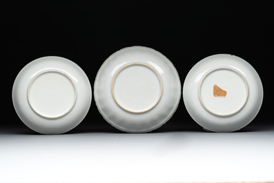 Three fine Chinese Canton famille rose 'mandarin subject' cups and saucers, Qianlong