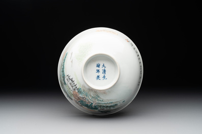 A fine Chinese qianjiang cai 'mountainous river landscape' bowl, signed Cheng Men 程門, Guangxu mark, dated 1887