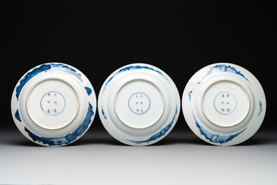 Three Chinese blue and white 'Long Eliza' plates, various marks, Kangxi