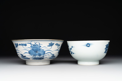 Two Chinese bleu de hue bowls and a plate for the Vietnamese market, Ruo Shen Zhen Cang 若深珍藏 and Chun He 春和 marks, 19th C.