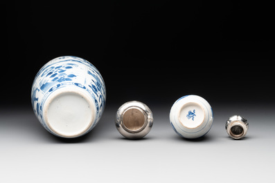 Five Chinese blue and white silver-mounted vases, Kangxi