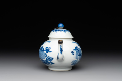 A Chinese blue and white 'antiquities' teapot, Jiajing mark, Kangxi