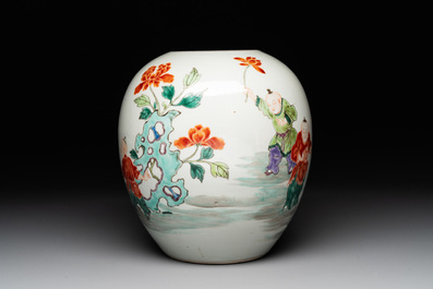 A Chinese famille rose 'ladies and boys' jar with wooden cover and stand, Yongzheng/Qianlong