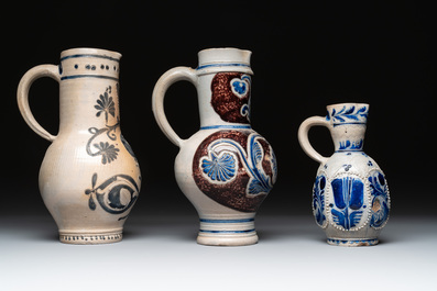 Three Westerwald stoneware jugs, 18th C.