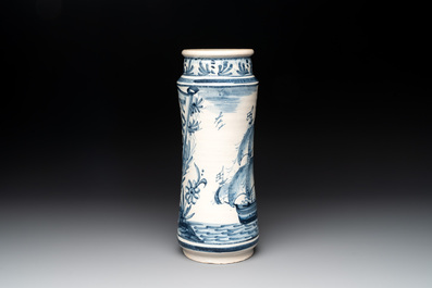 A large Catalonian blue and white albarello with a merchant vessel, Spain, 18th C.