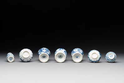 Seven Chinese miniature blue and white vases, Kangxi and later