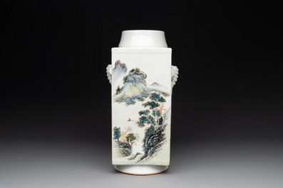 A Chinese qianjiang cai 'landscape' 'cong' vase, Pu Zhu Xuan 圃竹軒 seal mark, 20th C.