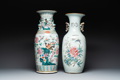 Two Chinese famille rose vases, one vase signed Yu Zhao 余钊, 19/20th C.