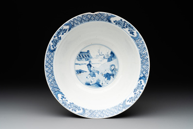 A Chinese blue and white 'San Niang Jiao Zi 三娘教子' 'klapmuts' bowl, Chenghua mark, Kangxi