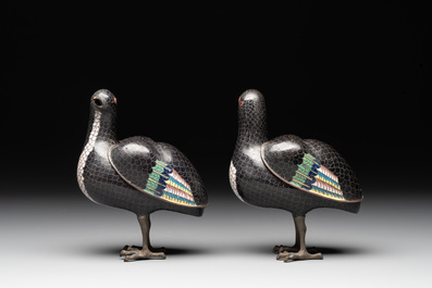 A pair of Chinese cloisonn&eacute; quail-shaped incense burners and covers, 19th C.