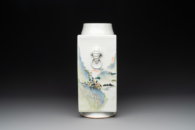 A Chinese qianjiang cai 'landscape' 'cong' vase, Pu Zhu Xuan 圃竹軒 seal mark, 20th C.