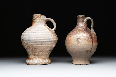Eight stoneware jugs and mugs, and a glazed pottery vessel, Germany and The Netherlands, 16/17th C.