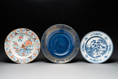 Nine Chinese monochrome, blue, white and famille rose wares, 18/19th C.