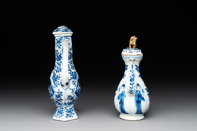 Two Chinese blue and white ewers and three vases, one silver mounted, Kangxi