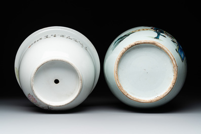 Four Chinese famille rose vases, a jardini&egrave;re and a jar, 19/20th C.