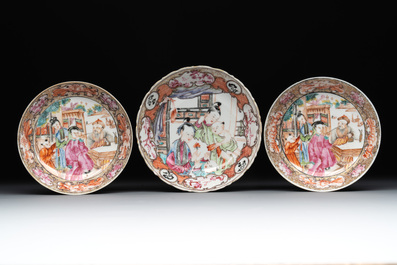 Three fine Chinese Canton famille rose 'mandarin subject' cups and saucers, Qianlong