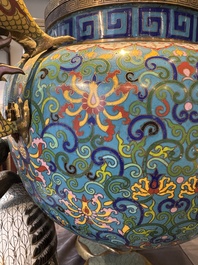 A pair of large and impressive Chinese cloisonn&eacute; 'dragons and cranes' censers and covers, 19/20th C.