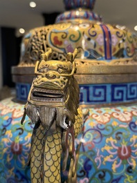 A pair of large and impressive Chinese cloisonn&eacute; 'dragons and cranes' censers and covers, 19/20th C.