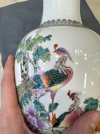 Three Chinese famille rose vases and a famille verte 'cong' vase, Qianlong mark, 20th C.