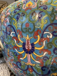 A pair of large and impressive Chinese cloisonn&eacute; 'dragons and cranes' censers and covers, 19/20th C.