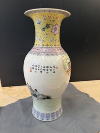 Three Chinese famille rose vases and a famille verte 'cong' vase, Qianlong mark, 20th C.