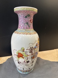 Three Chinese famille rose vases and a famille verte 'cong' vase, Qianlong mark, 20th C.