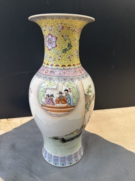 Three Chinese famille rose vases and a famille verte 'cong' vase, Qianlong mark, 20th C.