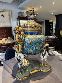 A pair of large and impressive Chinese cloisonn&eacute; 'dragons and cranes' censers and covers, 19/20th C.