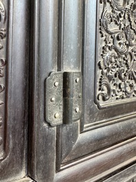 A Chinese zitan wood 'duo bao ge' cabinet of curiosities with carved floral design, 19th C.
