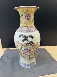 Three Chinese famille rose vases and a famille verte 'cong' vase, Qianlong mark, 20th C.