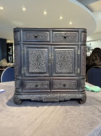 A Chinese zitan wood 'duo bao ge' cabinet of curiosities with carved floral design, 19th C.