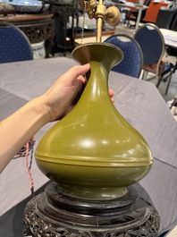 A Chinese monochrome teadust-glazed vase mounted as a lamp, 18/19th C.