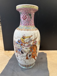 Three Chinese famille rose vases and a famille verte 'cong' vase, Qianlong mark, 20th C.