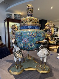 A pair of large and impressive Chinese cloisonn&eacute; 'dragons and cranes' censers and covers, 19/20th C.