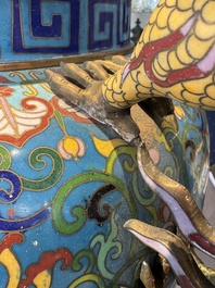 A pair of large and impressive Chinese cloisonn&eacute; 'dragons and cranes' censers and covers, 19/20th C.