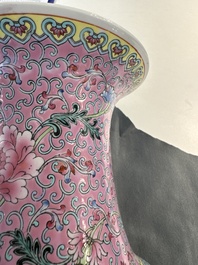 A pair of Chinese famille rose vases and two vases, Qianlong mark, 20th C.