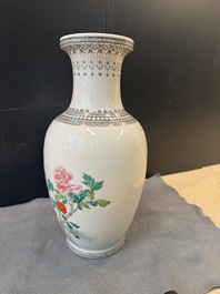 Three Chinese famille rose vases and a famille verte 'cong' vase, Qianlong mark, 20th C.
