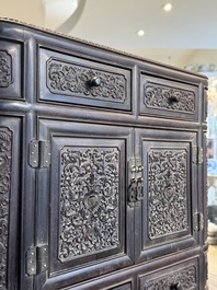 A Chinese zitan wood 'duo bao ge' cabinet of curiosities with carved floral design, 19th C.