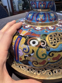 A pair of large and impressive Chinese cloisonn&eacute; 'dragons and cranes' censers and covers, 19/20th C.