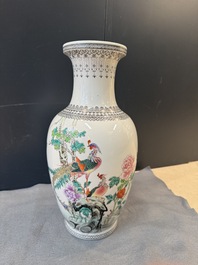 Three Chinese famille rose vases and a famille verte 'cong' vase, Qianlong mark, 20th C.